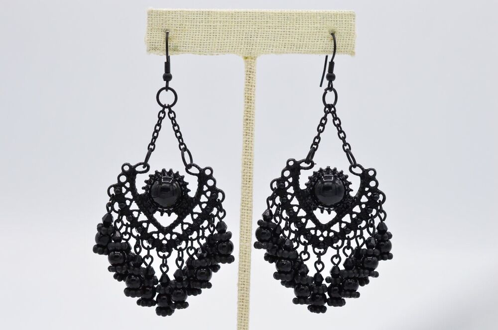 Vintage Statement Chandelier Earrings Matte Black Metal Dangle Beaded Y2K BinAB